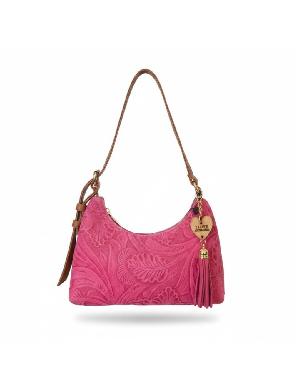 Fuchsia Pink Small Floral Embossed Tooled Artisan LEATHER Shoulder Bag Purse